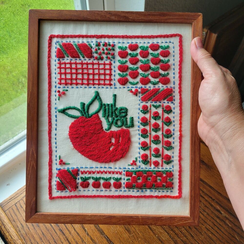 Vintage Framed 10.5" x 8.75" Crewel Needlework "I Like You" 7.5 X 9.5 art Apple
